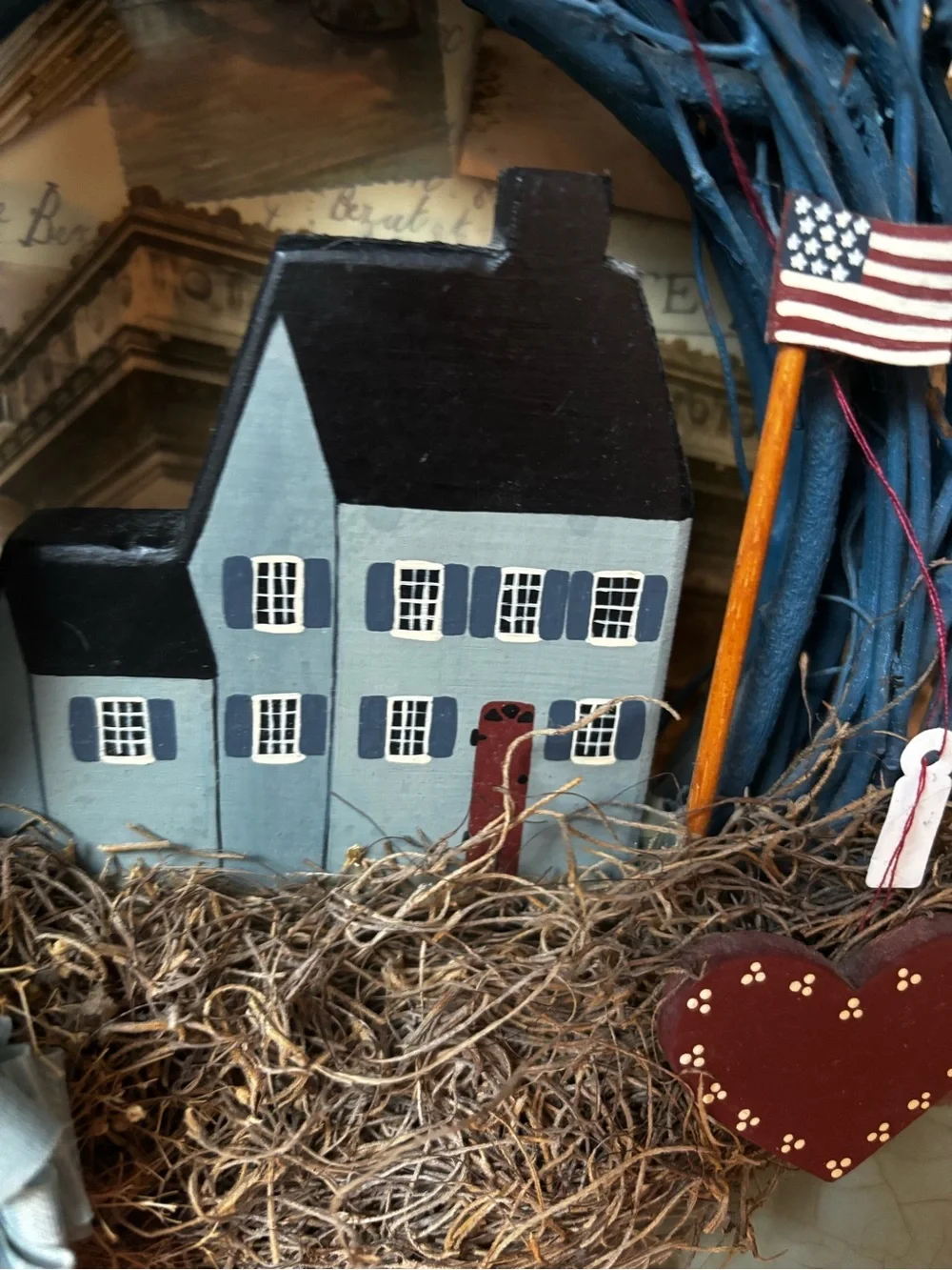 Patriotic Blue Grapevine Home Wreath with House and Tree
